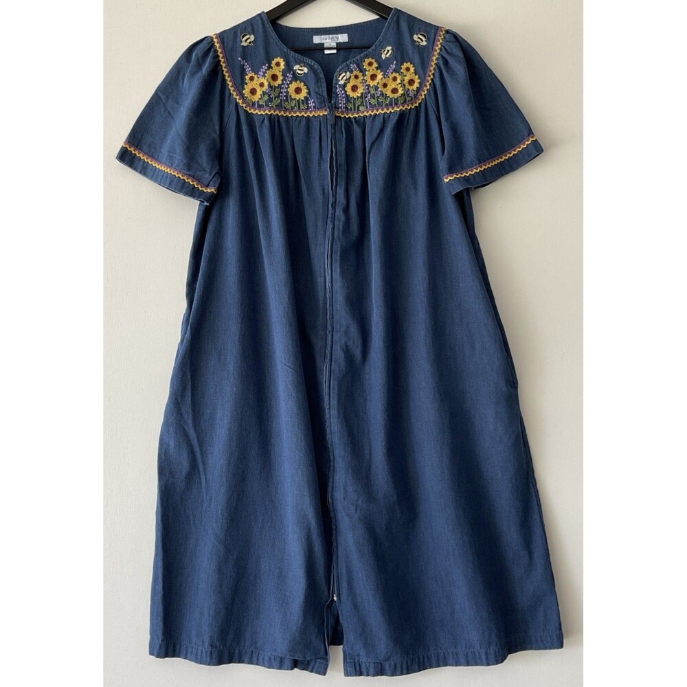 Go Softly Patio Denim Chambray Mu Mu Dress Sunflowers Bumblebee Pockets Size S